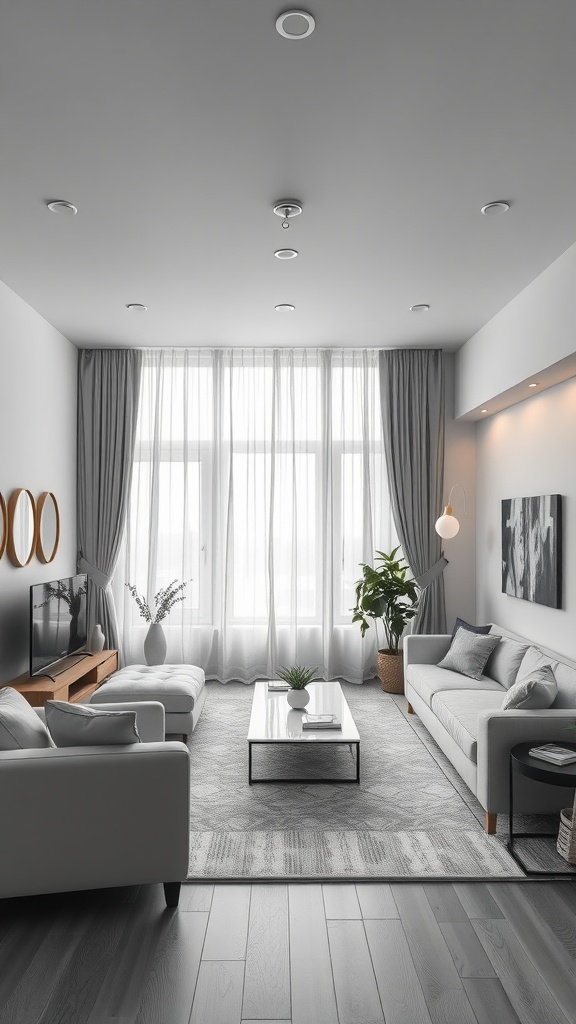 Spacious black, grey, and white living room with a cozy seating arrangement and decorative plants.