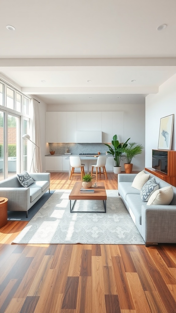 A bright open concept living room featuring two gray sofas, a wooden coffee table, and a dining area in the background.