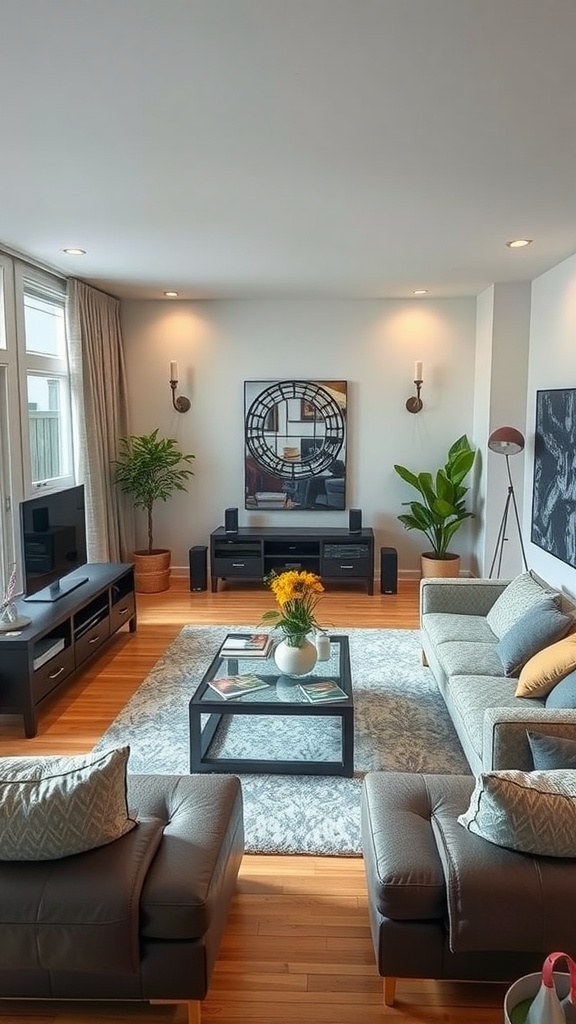 A well-furnished living room featuring distinct zones with furniture layout.