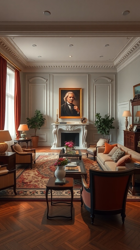 A formal living room with defined zones, featuring a coffee table surrounded by seating, a fireplace, and decorative elements.