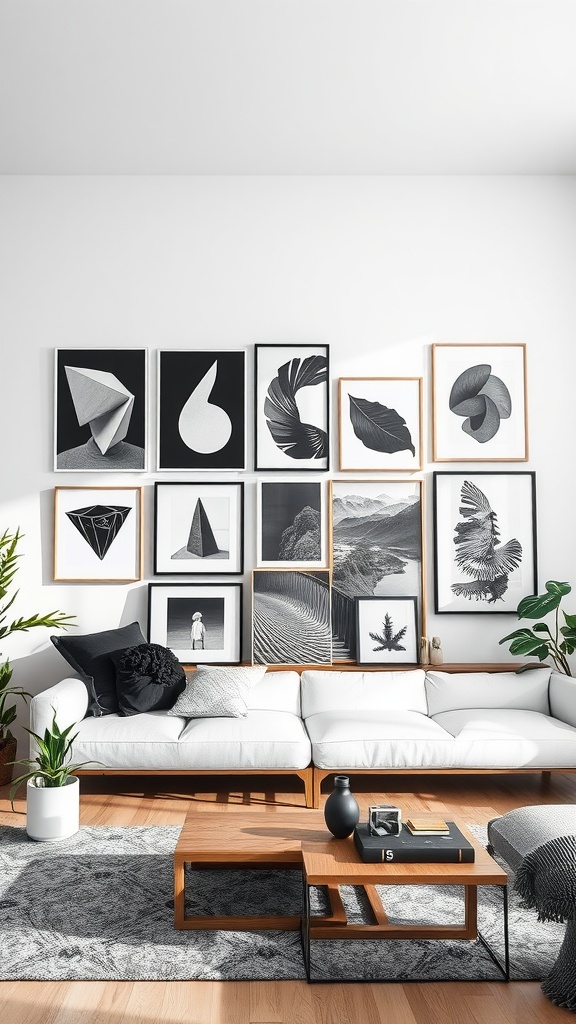 A living room featuring a gallery wall with various black and white artworks, a white sofa, and wooden furniture.