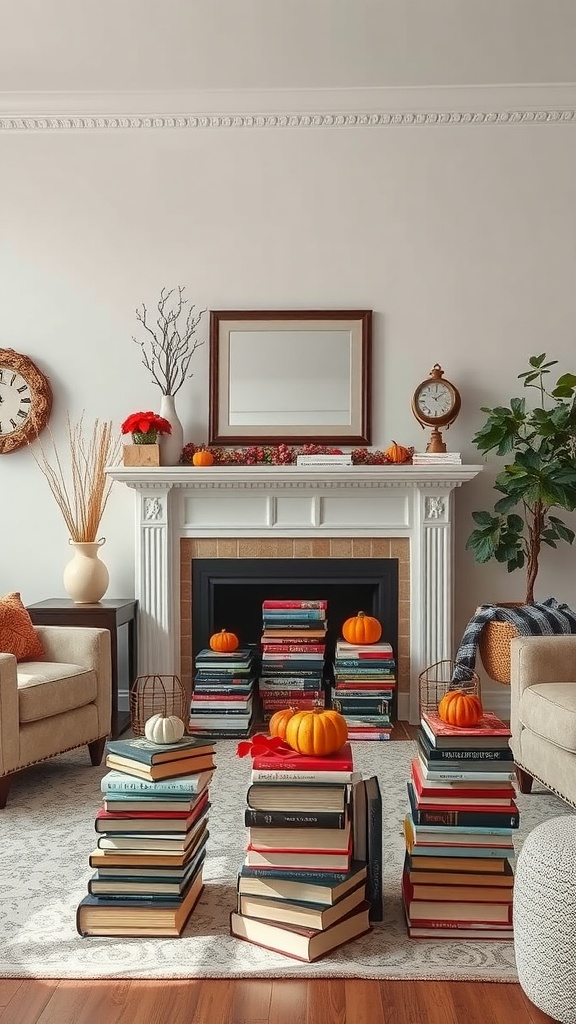 Cozy living room with creatively stacked books and fall decorations