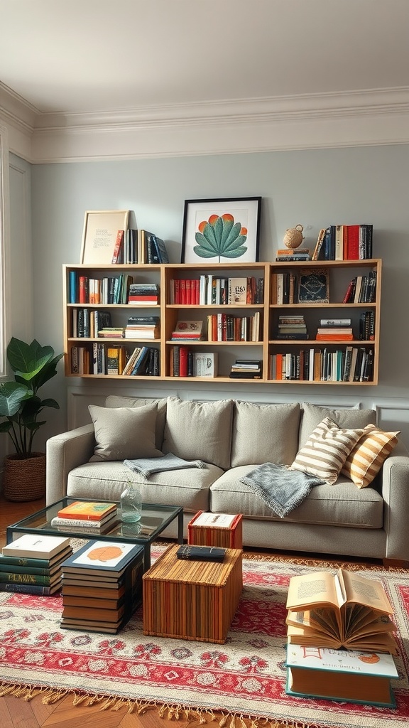 A cozy living room featuring a creative bookshelf design with various book display techniques and a comfortable couch.