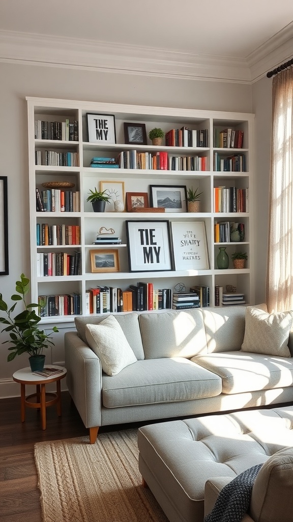 A bright living room with a cozy book nook featuring a white bookshelf filled with books and decorative plants, accompanied by a comfortable sofa.