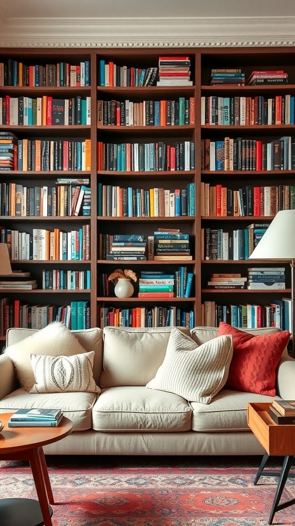 A cozy boho-style living room featuring a creatively arranged bookshelf filled with colorful books, a comfortable couch, and stylish décor.