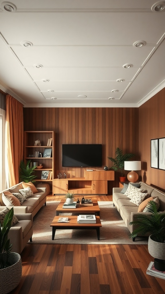 Cozy brown living room with wooden paneling and comfortable sofas