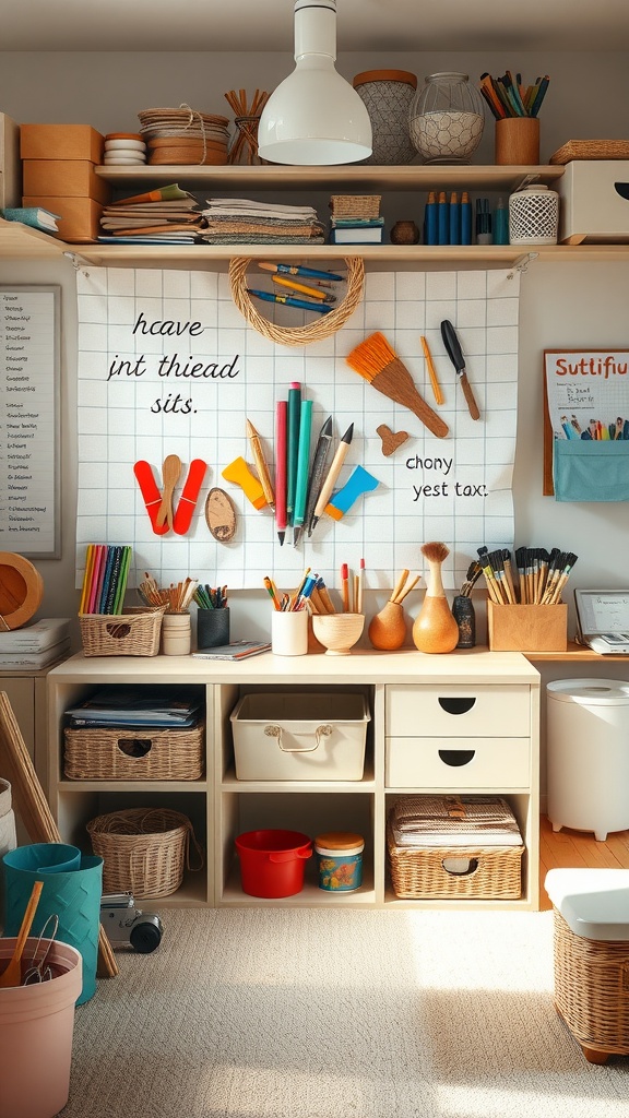 A well-organized craft corner with colorful supplies, baskets, and a warm light.