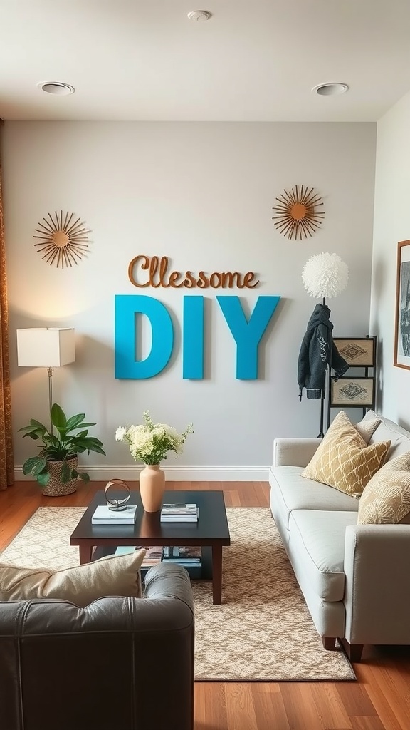 A bright and inviting living room with DIY decor elements, featuring bold letters on the wall, a stylish sofa, plants, and warm lighting.