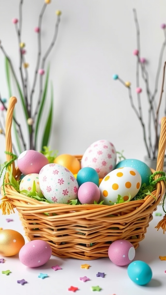 A colorful basket filled with decorated eggs, surrounded by flowers and a playful spring setting.