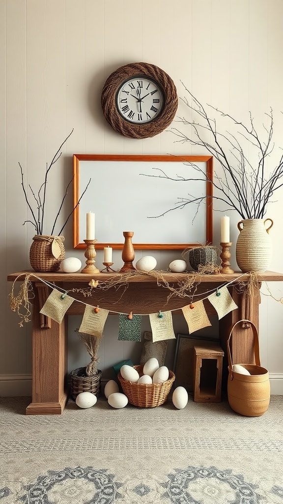 Easter-themed mantel with decorative eggs, candles, and natural elements