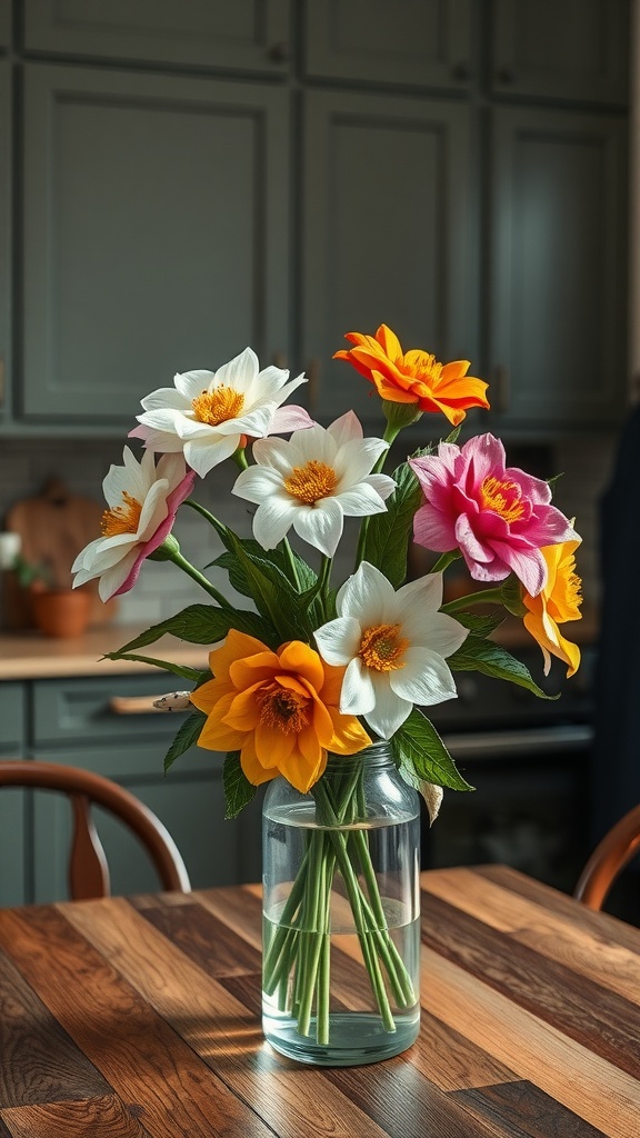 A colorful arrangement of fabric flowers in a glass vase on a wooden kitchen table.