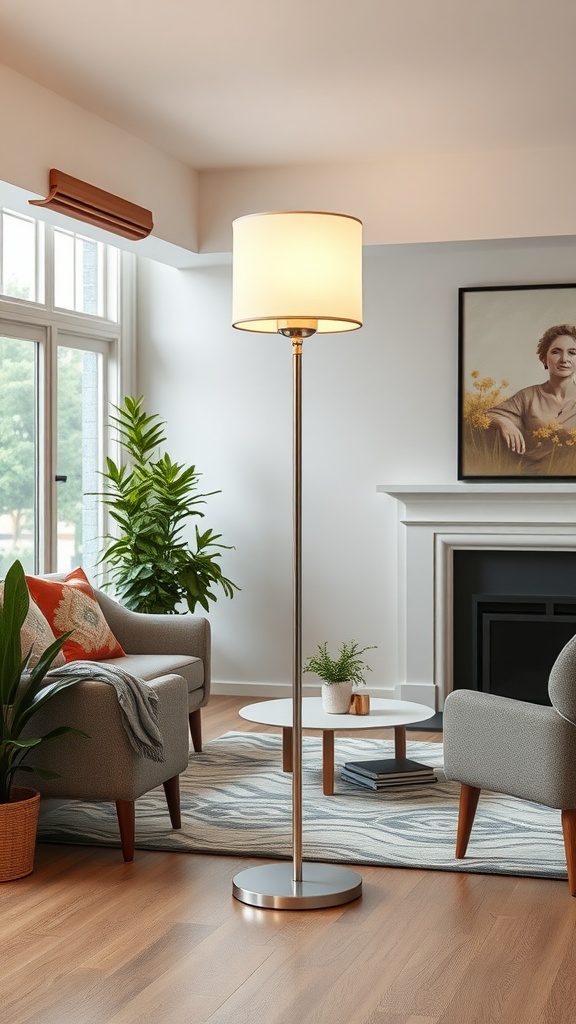 A stylish floor lamp in a cozy living room setting with plants and comfortable seating.