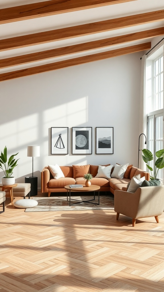 Modern living room with sectional sofa, coffee table, and plants