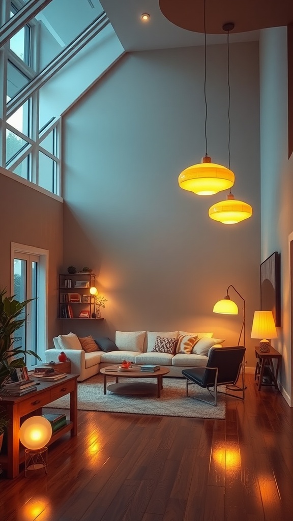 A cozy sunken living room with creative lighting solutions, featuring pendant lights and a floor lamp.