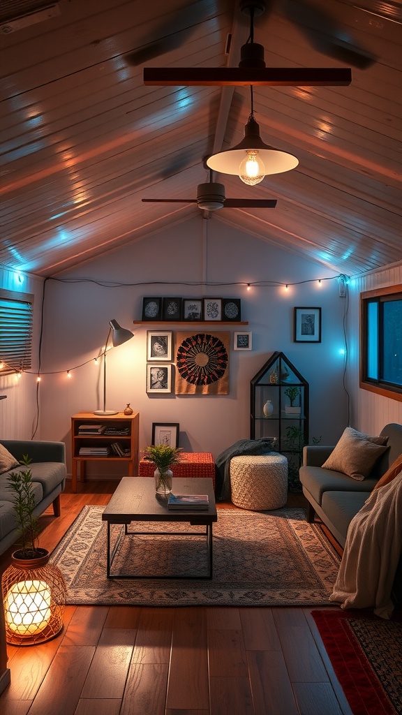 A cozy trailer house living room with creative lighting solutions, featuring overhead lights, string lights, and a decorative lamp.