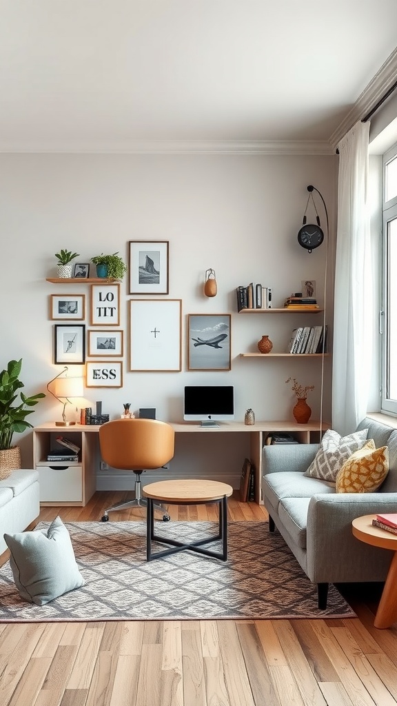 A stylish living room with a workspace, cozy seating, and a warm color palette.