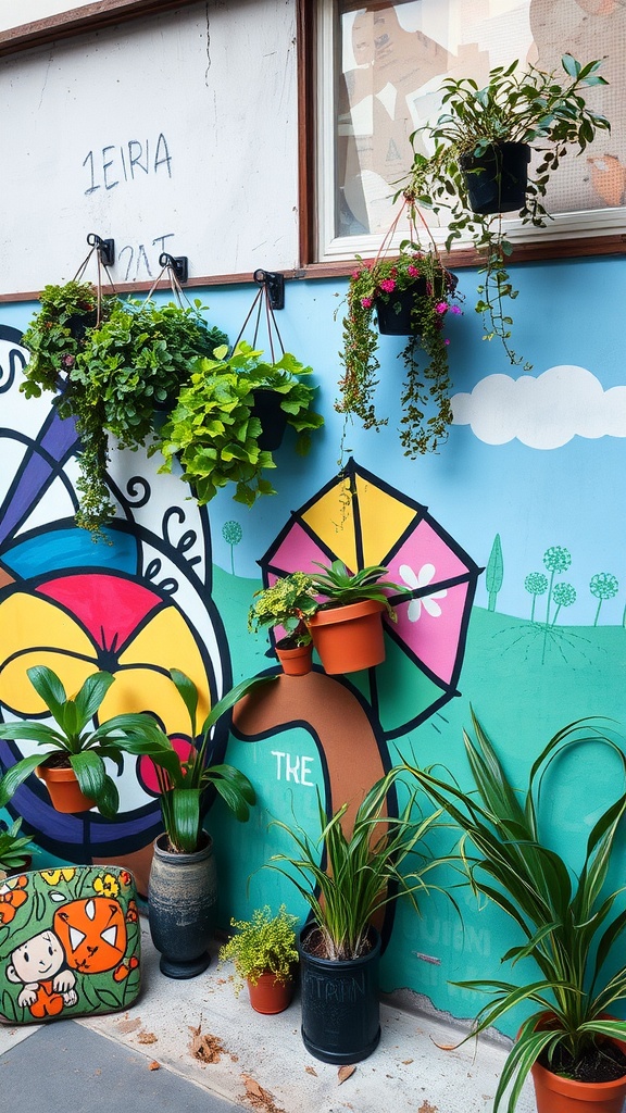 A colorful outdoor art wall with hanging plants and potted greenery, creating a cozy backyard atmosphere.