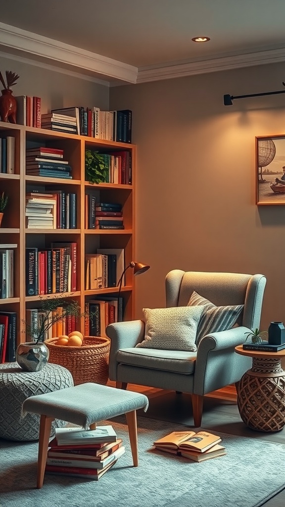 A cozy reading nook featuring a comfortable armchair, a bookshelf filled with books, and warm lighting.