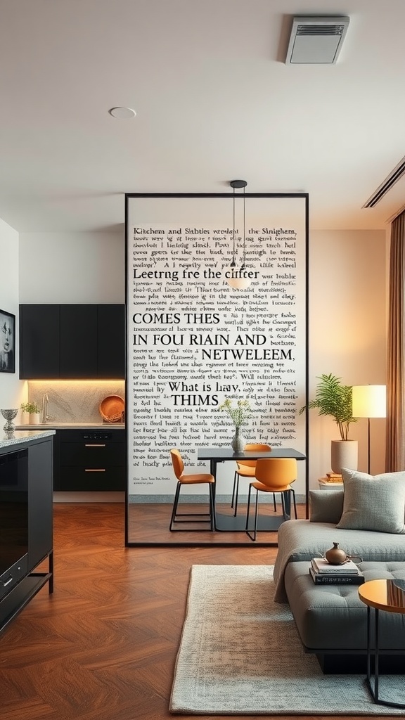 A modern room divider featuring text, separating a kitchen and living area in an open concept design.