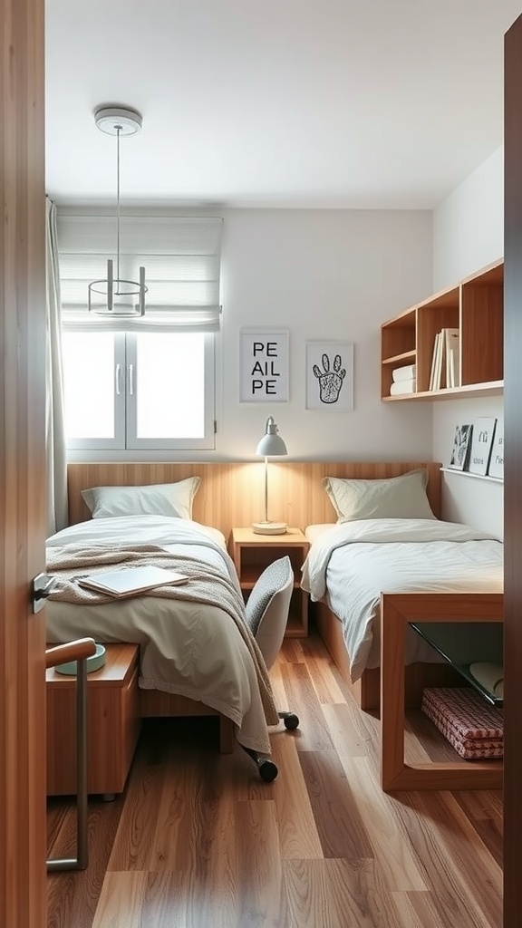 A small shared bedroom with two beds, built-in shelving, and a cozy design.