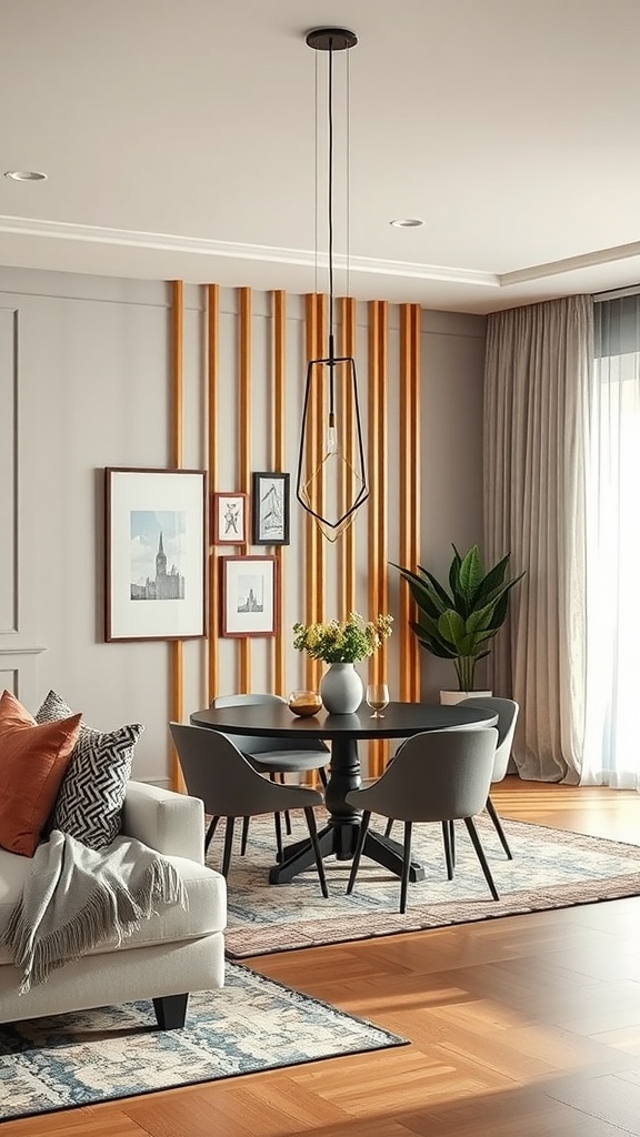 A stylish living room and dining room with wooden slat dividers, round dining table, pendant light, artwork, and a plant.