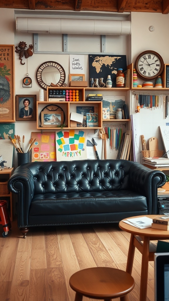 A cozy creative space featuring a black leather couch surrounded by art supplies and colorful decorations.