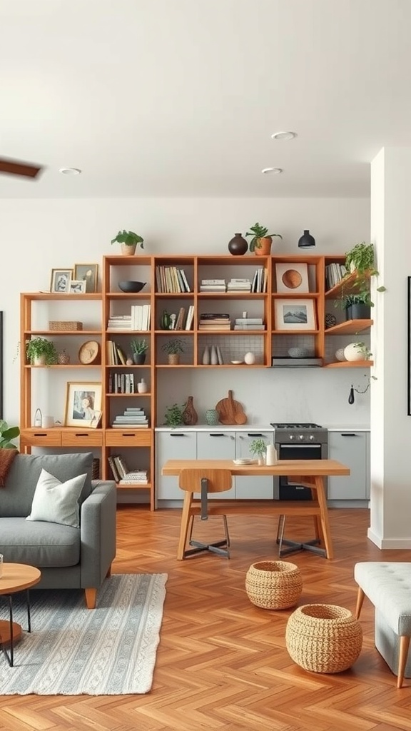 A living room and kitchen combined, featuring wooden shelves filled with books and plants, a cozy sofa, and a dining table.