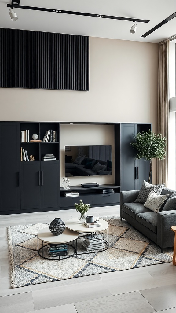 A modern black and cream living room featuring creative storage solutions with dark cabinetry and a stylish coffee table.