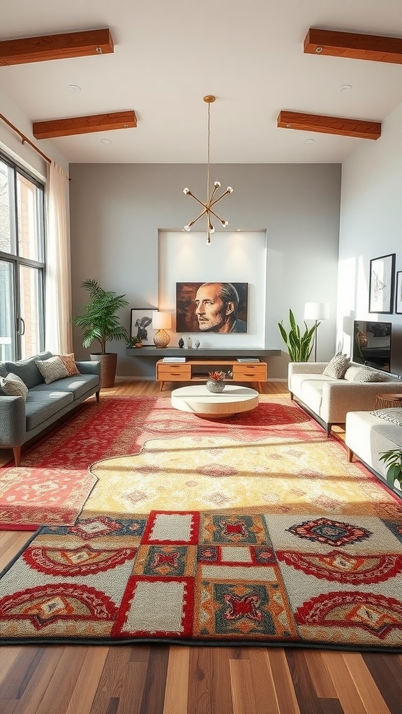 A spacious and stylish living room featuring a large area rug with vibrant colors and patterns.