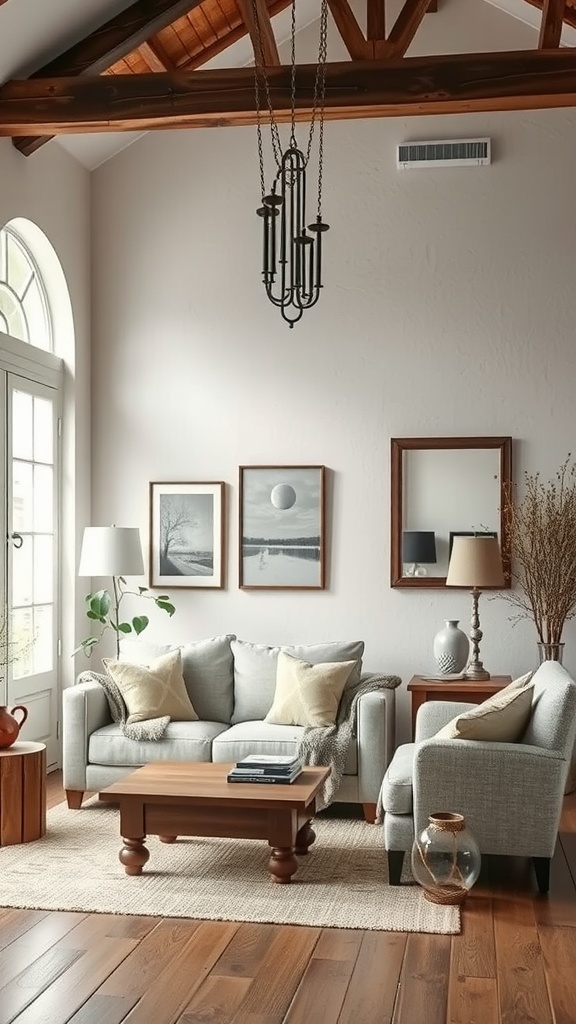 A cozy living room featuring modern rustic decor with a mirror, natural light, and wooden elements.