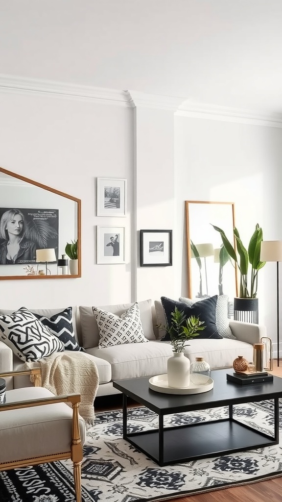 A stylish black and white boho living room featuring decorative mirrors.