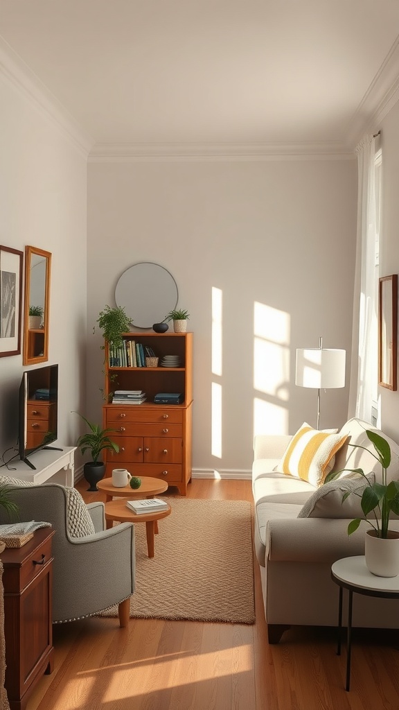 A small living room featuring strategic mirror placement, enhancing light and space