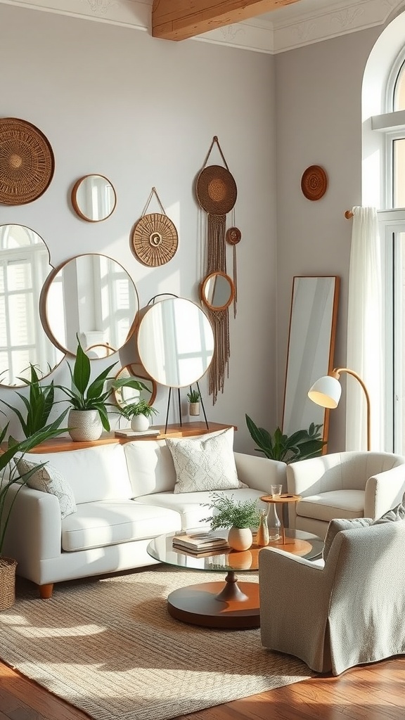 A cozy boho-style living room featuring a wall adorned with round mirrors, plants, and woven decor.