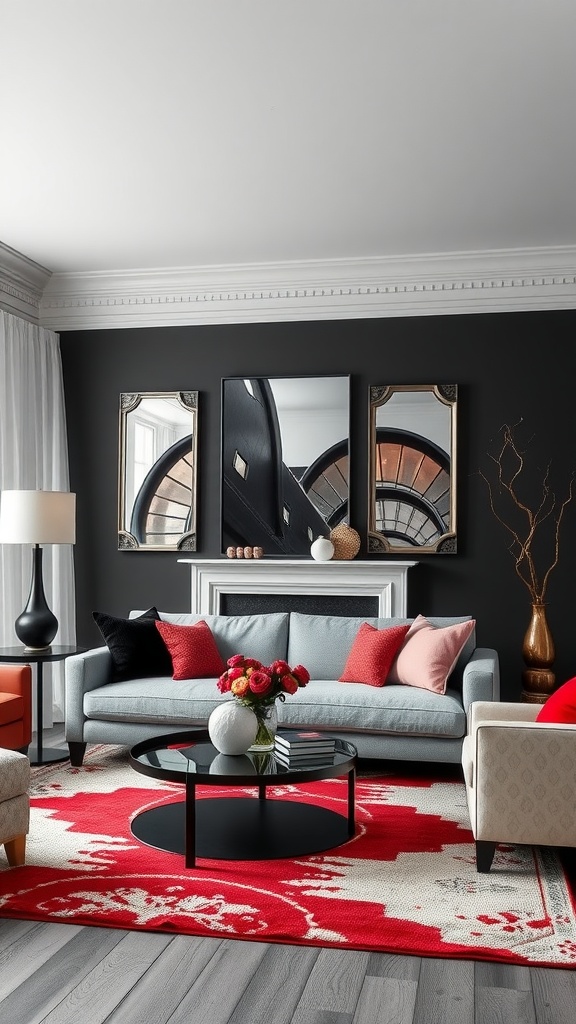 A stylish living room featuring black, red, and white decor with mirrors on the wall.