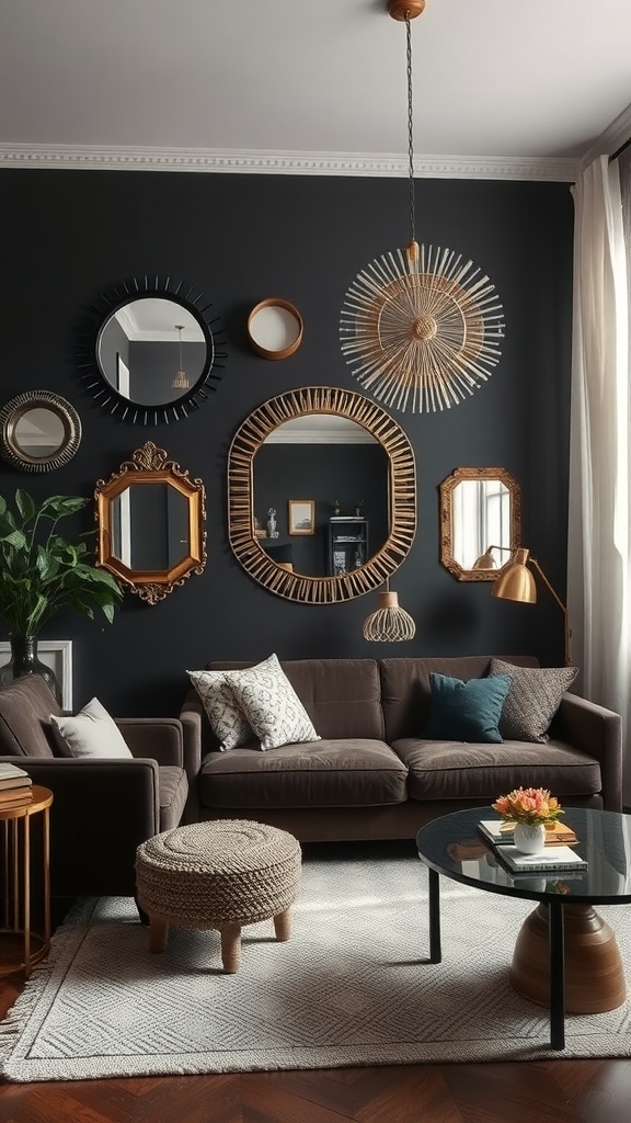 A cozy dark boho living room featuring various mirrors on a black wall, with a comfortable sofa and stylish decor.