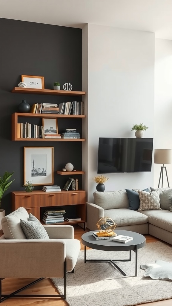 A modern living room featuring creative shelving against a two-tone wall, with books, decor items, and plants.