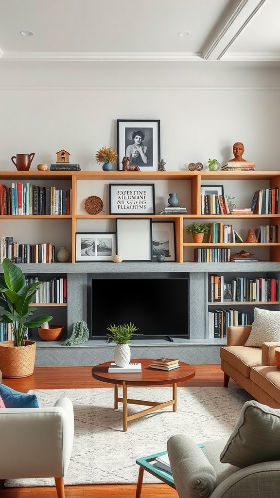 A modern boho living room featuring creative shelving, plants, books, and decorative items.