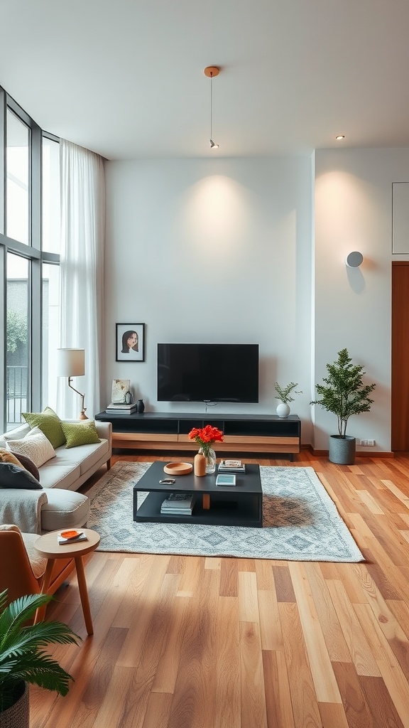 A bright and airy mid-century boho living room with a light sofa, colorful pillows, and a low coffee table.