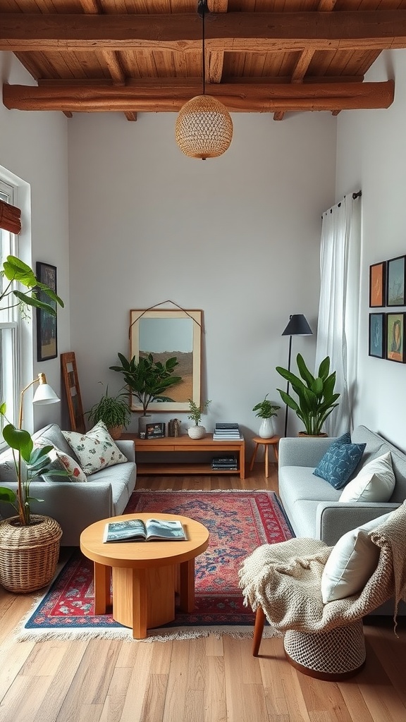 A cozy modern boho living room with light colors, plants, and wooden beams.