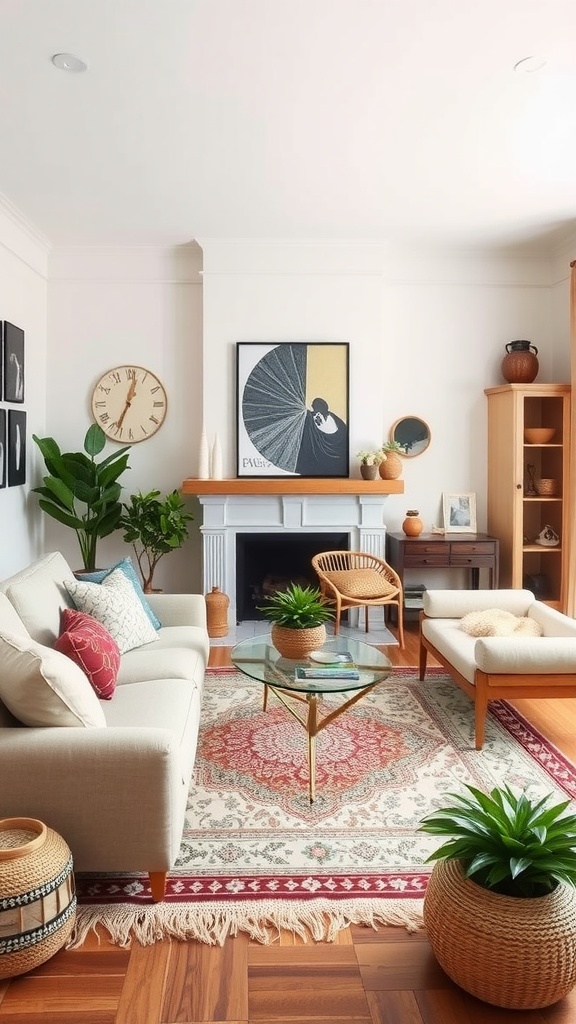 A colorful boho living room featuring a cozy layout with plants, art, and woven textures.