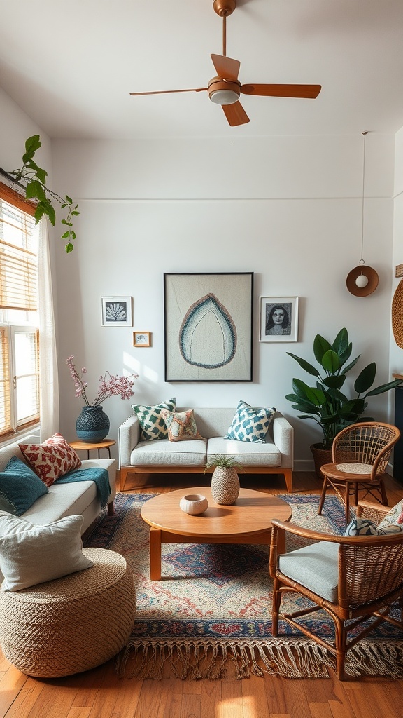 A cozy boho-style living room with light furniture, plants, and artistic decor.