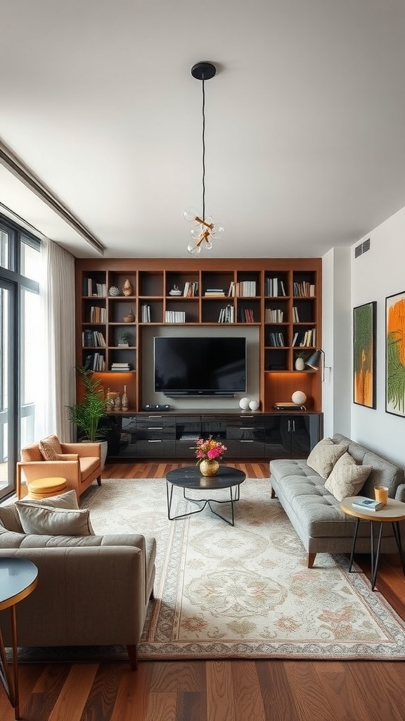 Modern living room with a stylish design featuring a gray sofa, orange chairs, and built-in shelving.