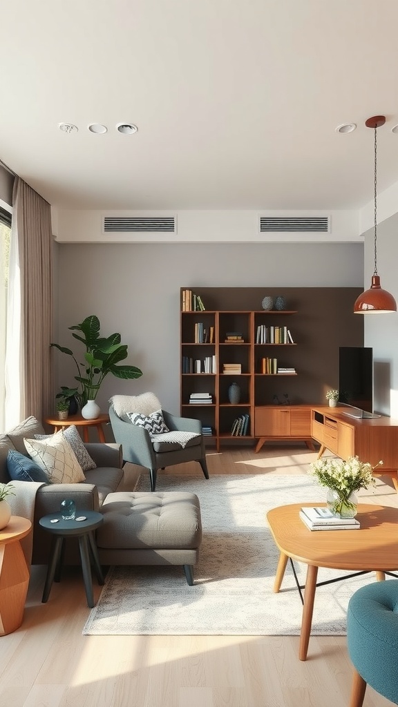 A stylish boho industrial living room featuring comfortable seating, a wooden shelf, and plants.