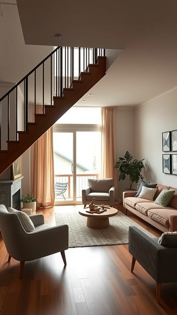 Midcentury modern living room with a staircase and seating area