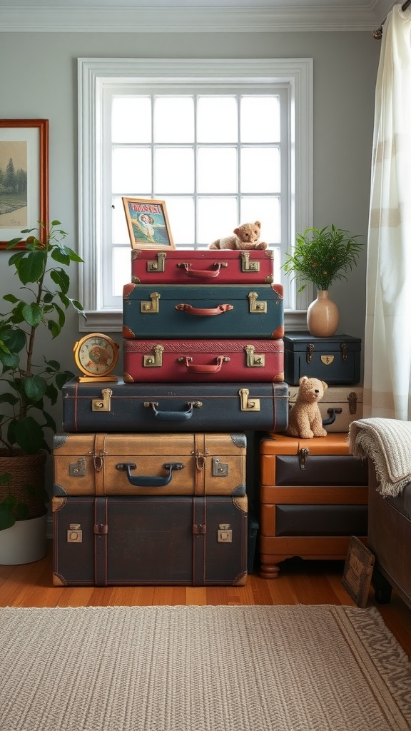 A stack of colorful vintage suitcases used for storage in a cozy living room.