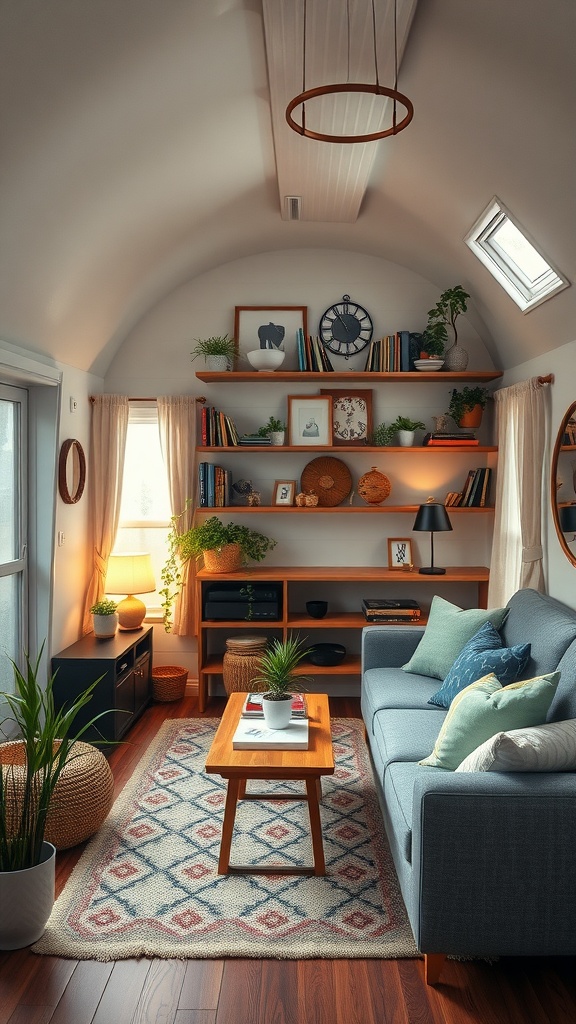 Cozy trailer house living room with vertical shelves filled with books and plants