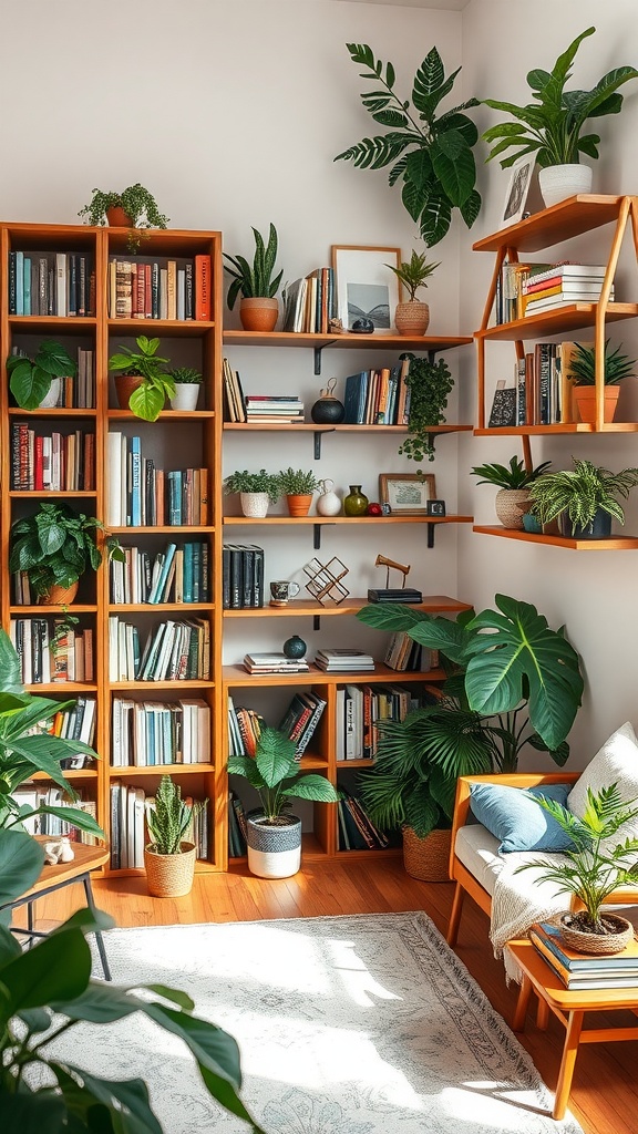 A cozy small living room featuring tall wooden shelves filled with books and plants, showcasing a creative use of vertical space.