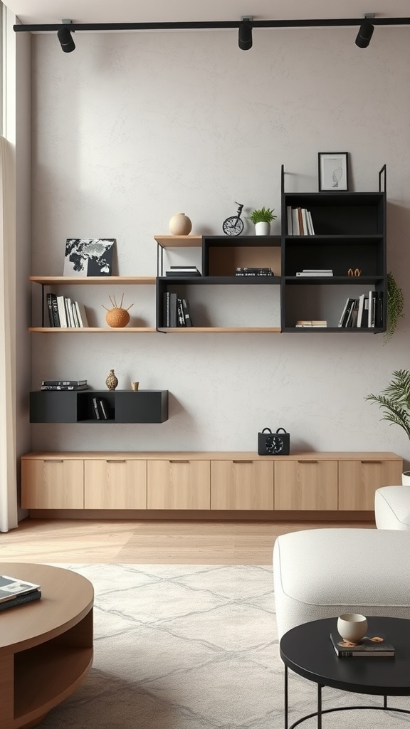 A modern living room featuring creative wall shelving in beige and black, showcasing decorative items and books.