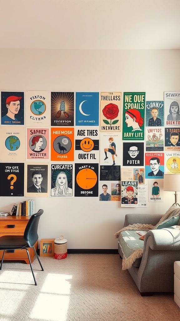 A colorful wall art display in a dorm living room featuring various posters and prints.