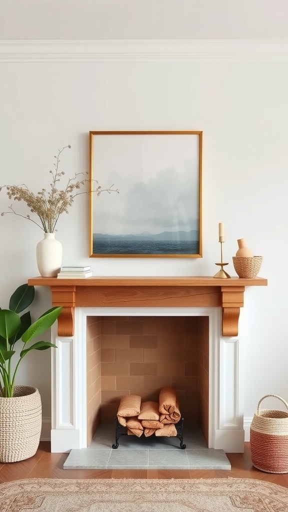 A summer mantel decorated with a framed landscape artwork, a vase with dried flowers, and a plant, creating a warm and inviting atmosphere.